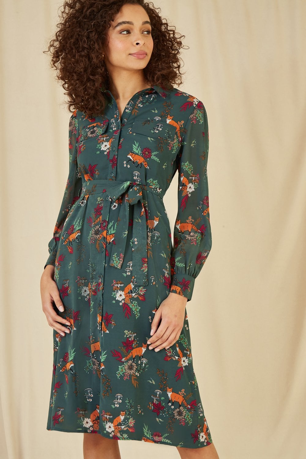 Recycled Green Fox Print Shirt Midi Dress - Sizes 8 to 16
