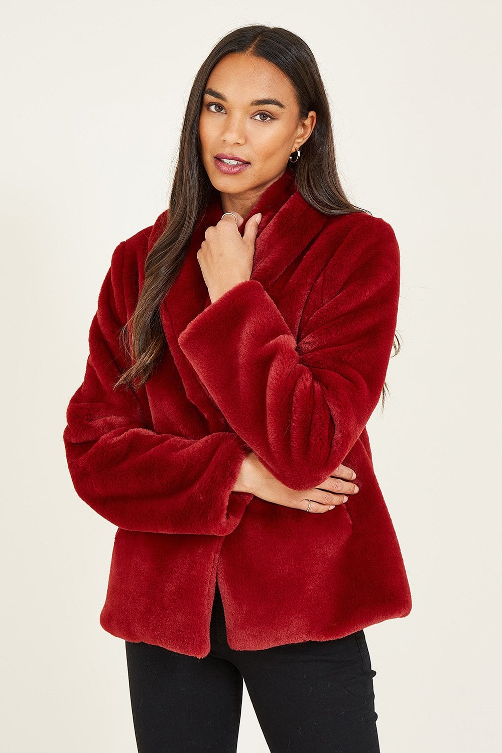 Red Short Wrap Faux Fur Coat - Sizes 8 to 26