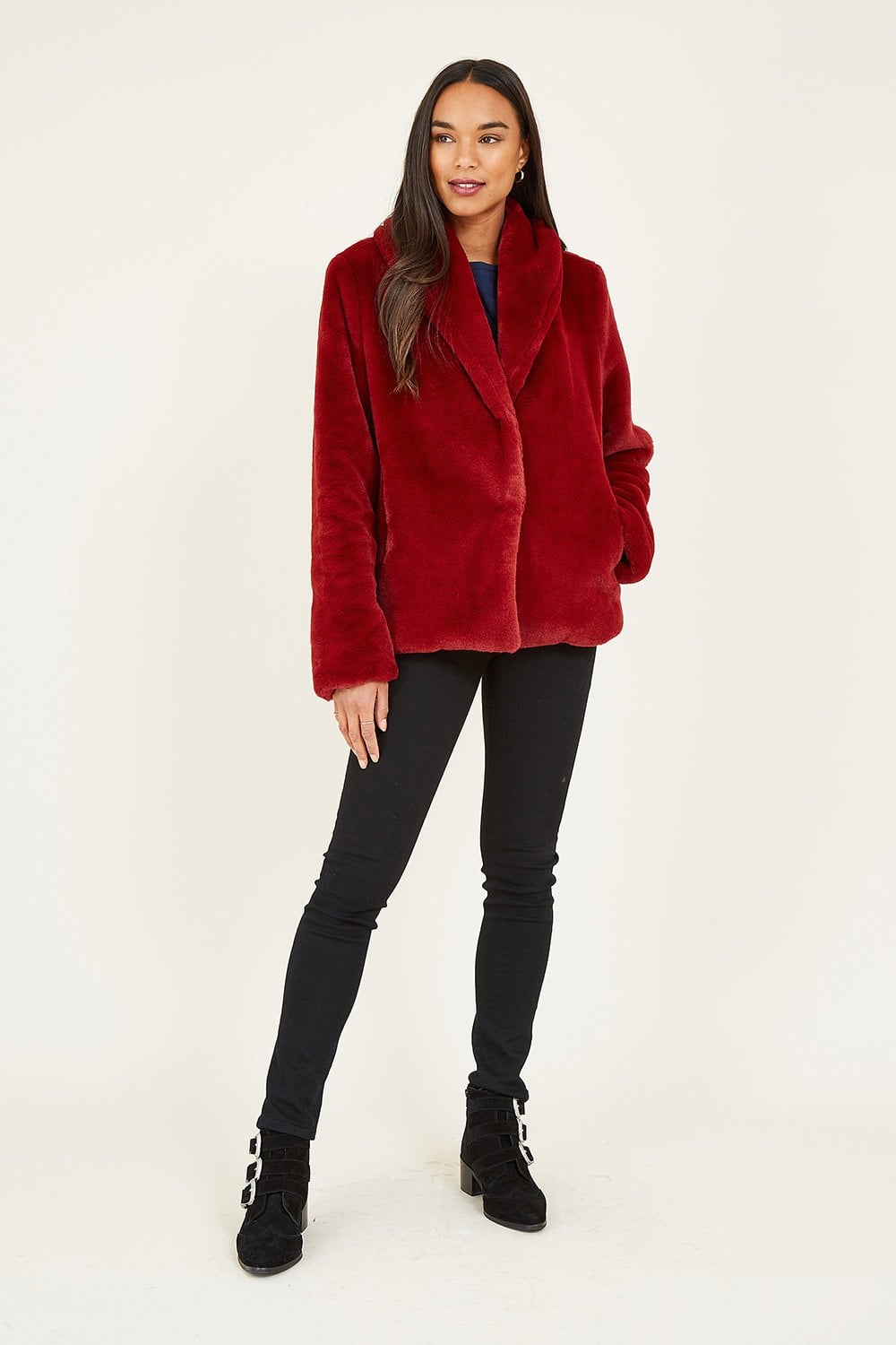 Red Short Wrap Faux Fur Coat - Sizes 8 to 26
