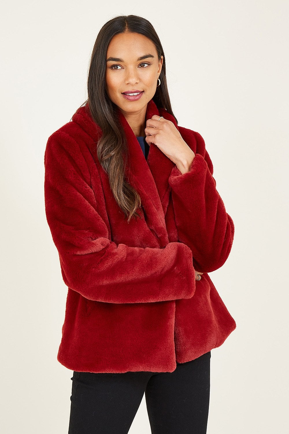 Red Short Wrap Faux Fur Coat - Sizes 8 to 26