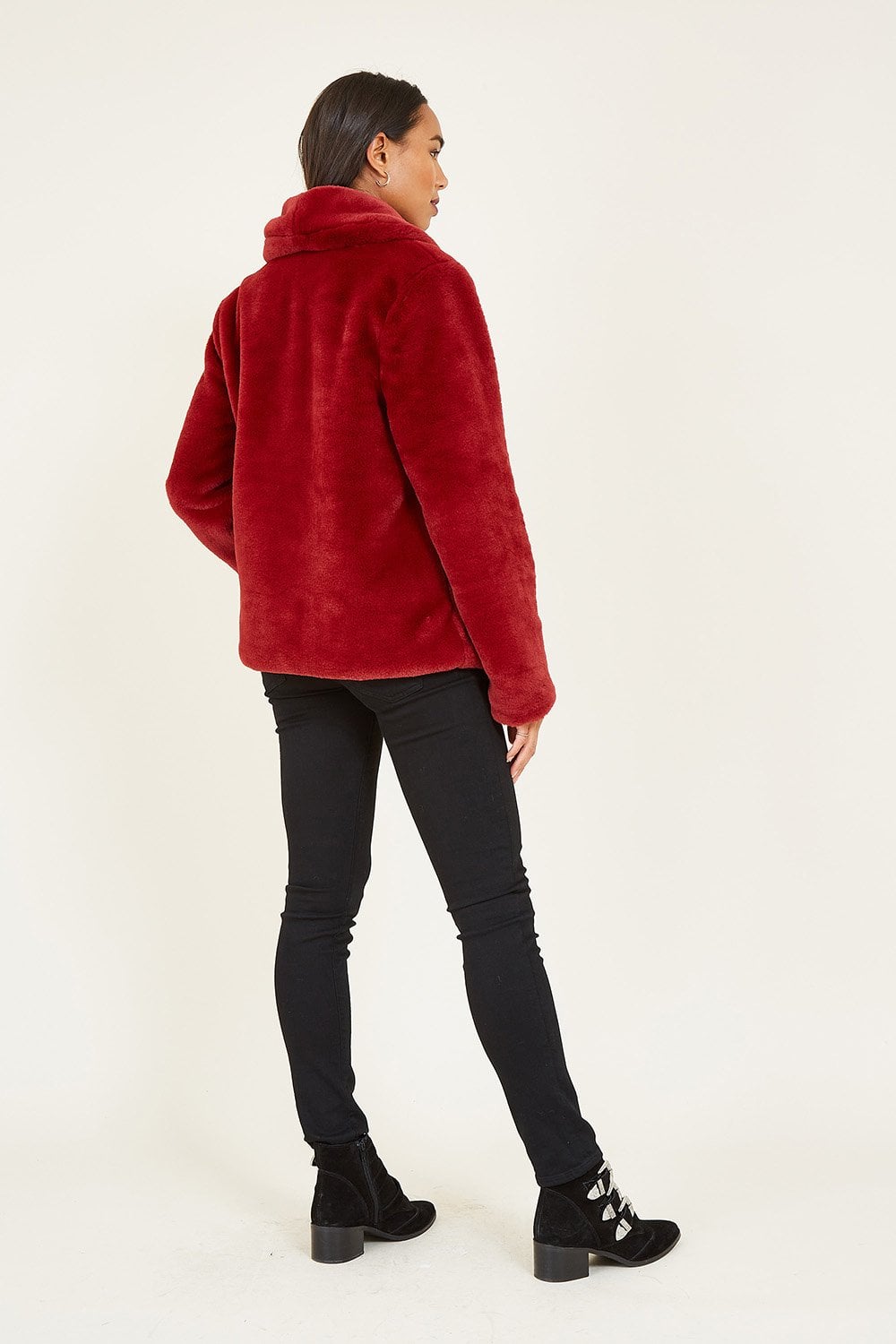 Red Short Wrap Faux Fur Coat - Sizes 8 to 26
