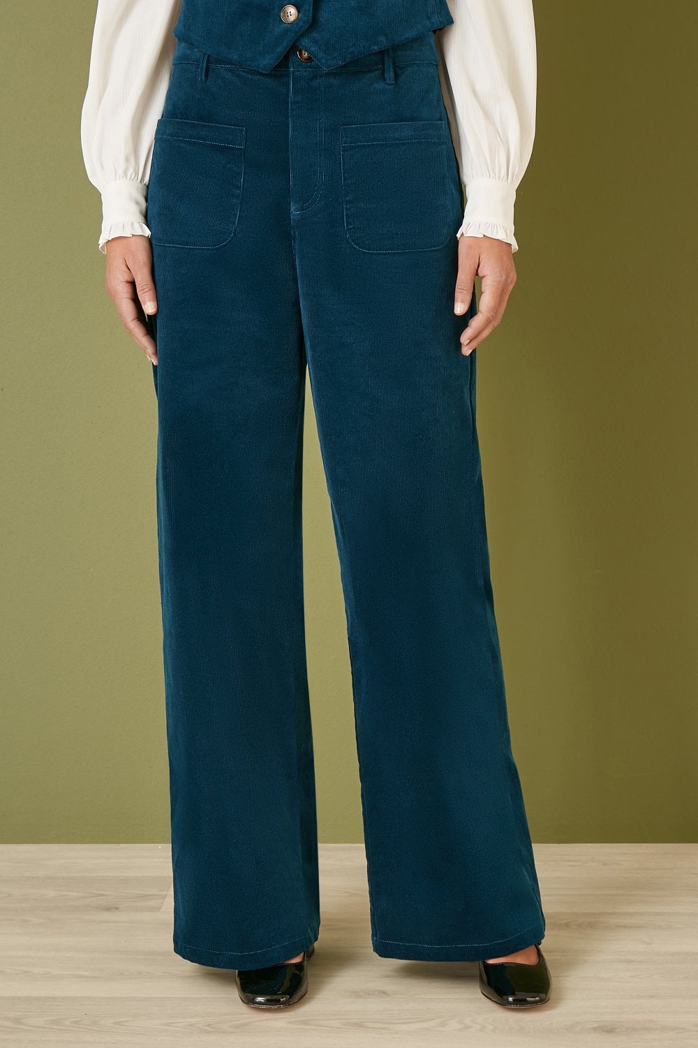 Teal Cord Trousers With Patch Pockets