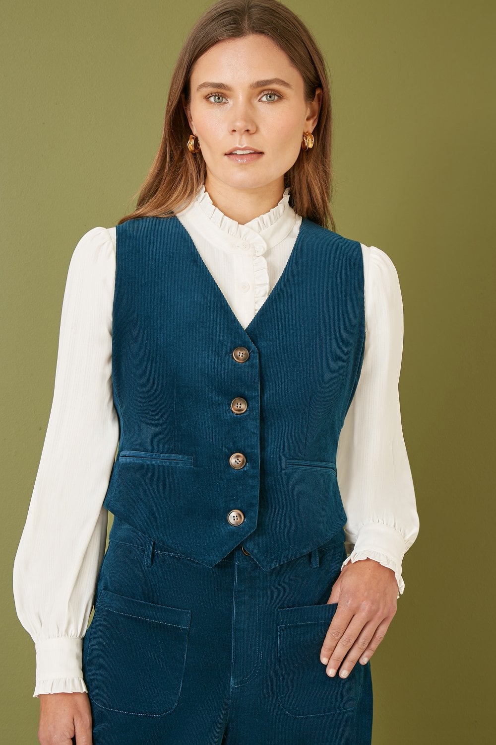 Teal Cord Trousers With Patch Pockets