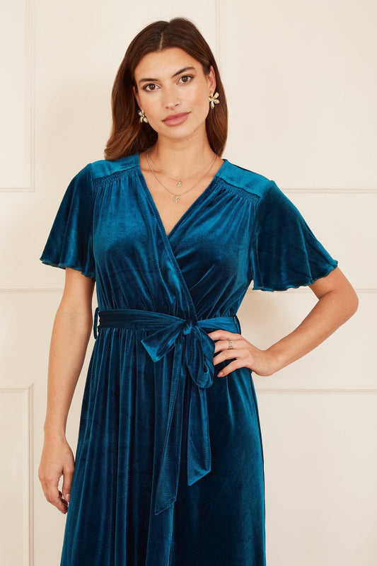 Teal Wrap Over Velvet Midi Dress - Sizes 8 to 26
