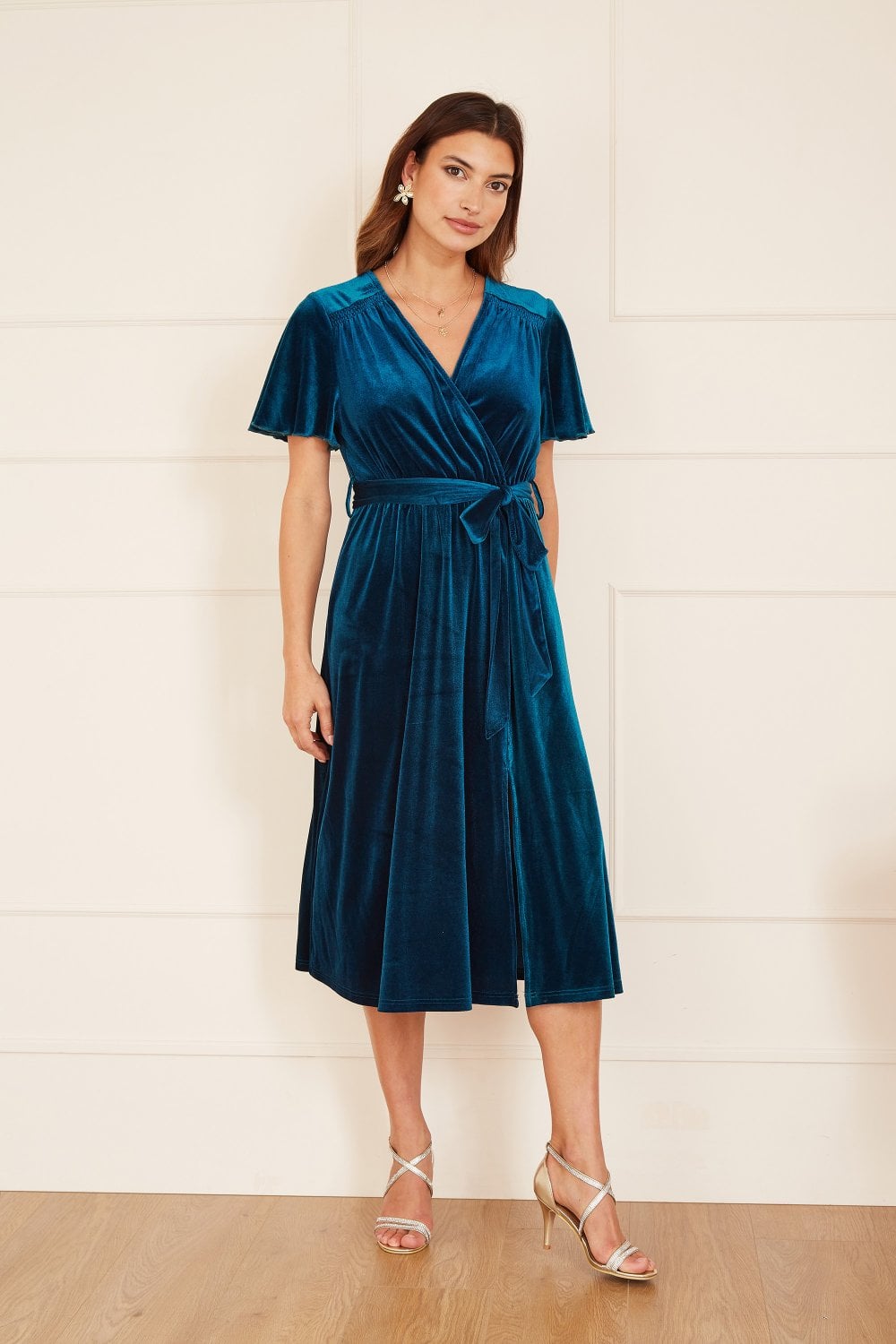 Teal Wrap Over Velvet Midi Dress - Sizes 8 to 26