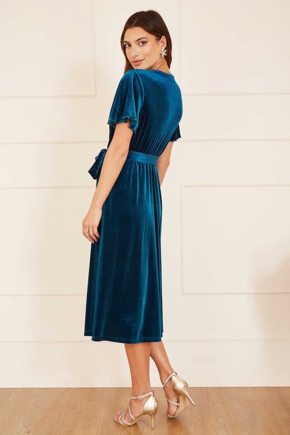 Teal Wrap Over Velvet Midi Dress - Sizes 8 to 26